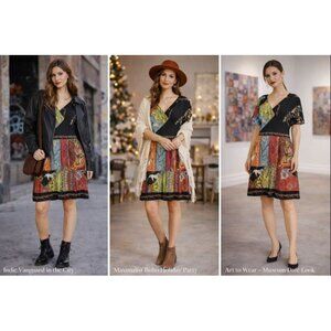 Desigual Women Patchwork Dress Small Multicolor Tiger Print Boho Indie Artcore